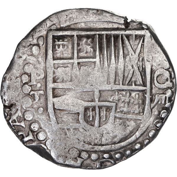 BOLIVIA, Potosí, cob 8 reales, Philip IV, assayer T (late 1620s), "hunched over" lions.