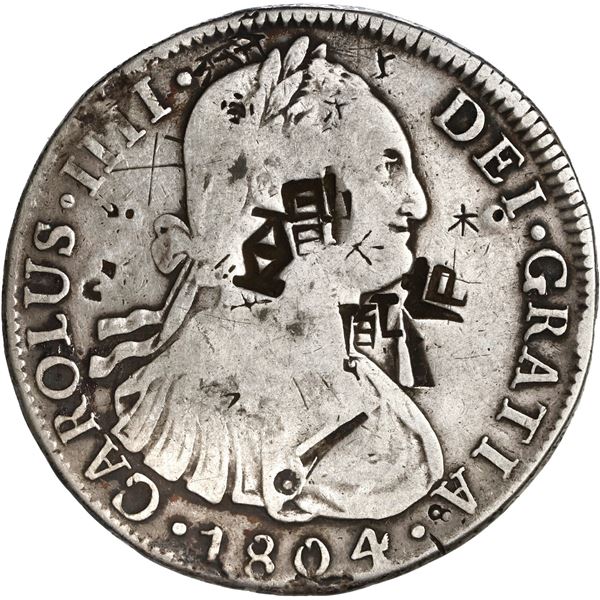 BOLIVIA, Potosí, bust 8 reales, Charles IV, 1804 PJ, with several clear Asian chopmarks, ex-Brameld.