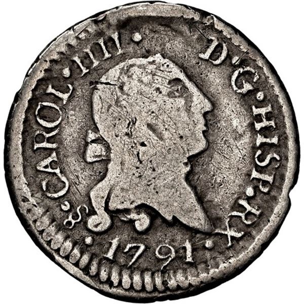 CHILE, Santiago, bust ¼ real, Charles IV (bust of Charles III), 1791, NGC F details / edge damage (V