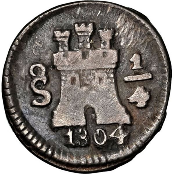CHILE, Santiago, ¼ real, 1804, NGC F 12 (Val y Mexía Collection Label), finest known in NGC census.