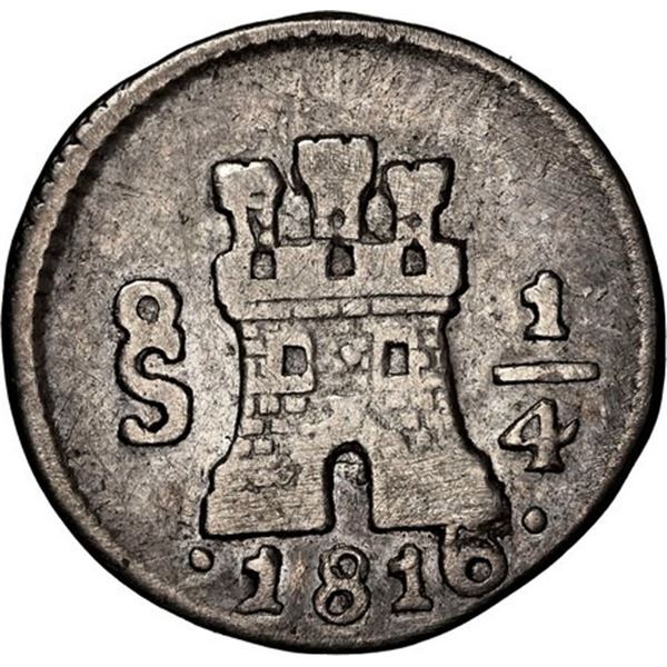 CHILE, Santiago, ¼ real, 1816, recut 6 in date, NGC VF details / rim filing (Val y Mexía Collection 