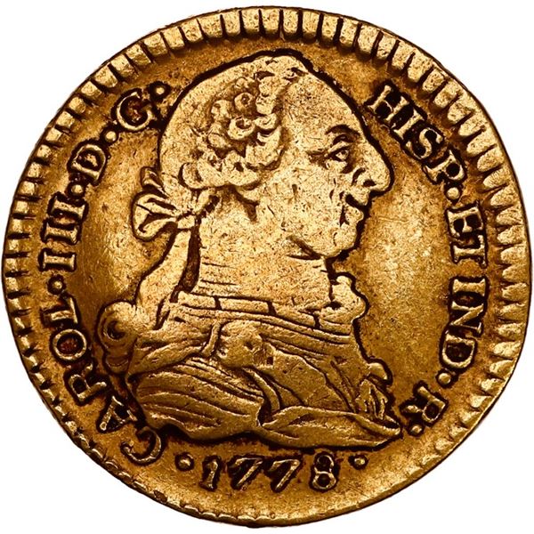 COLOMBIA, Popayán, gold bust 1 escudo, Charles III, 1778 SF, ex-JEAS.