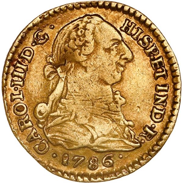 COLOMBIA, Popayán, gold bust 1 escudo, Charles III, 1786 SF, ex-JEAS.