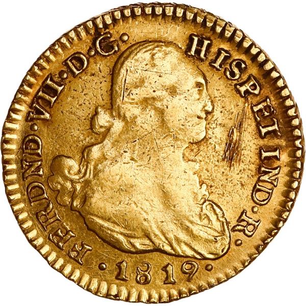 COLOMBIA, Bogotá, gold bust 1 escudo, Ferdinand VII (bust of Charles IV), 1819 JF, ex-Becerra.