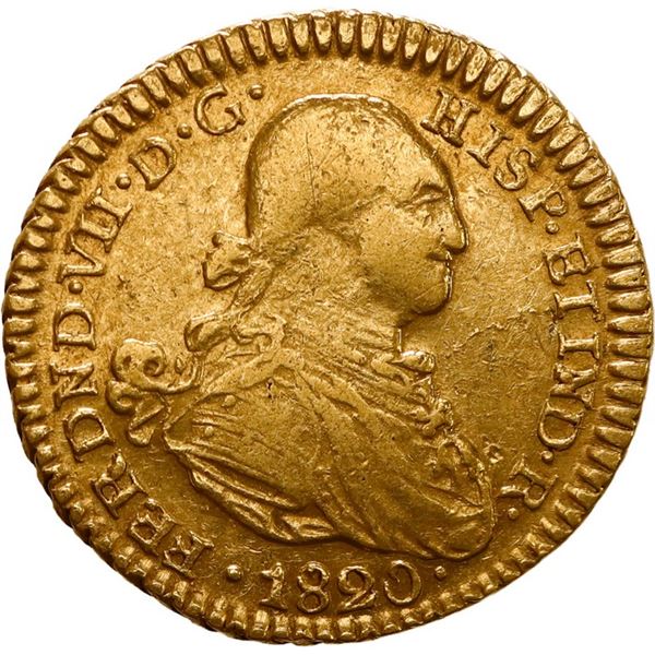 COLOMBIA, Bogotá, gold bust 1 escudo, Ferdinand VII (bust of Charles IV), 1820 JF, ex-JEAS.