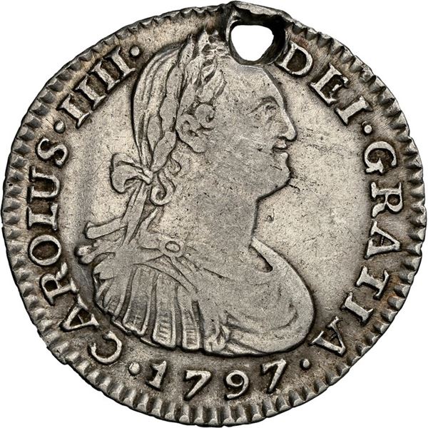COLOMBIA, Bogotá, bust 1 real, Charles IV, 1797 JJ, NGC VF details / holed, ex-Becerra.