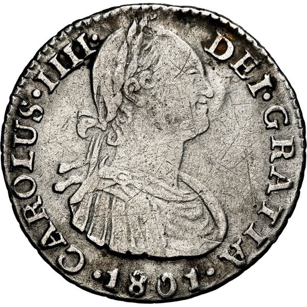 COLOMBIA, Bogotá, bust 1 real, Charles IV, 1801 JJ, NGC VF details / cleaned, ex-Becerra.