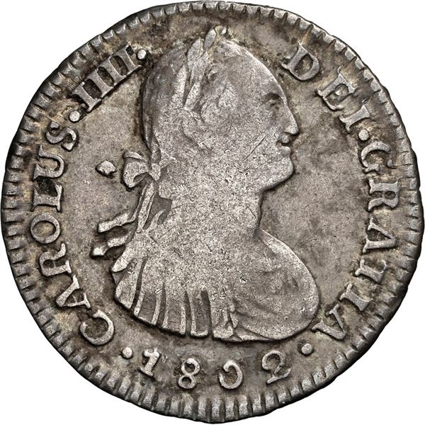 COLOMBIA, Bogotá, bust 1 real, Charles IV, 1802 JJ, NGC VF details / rev scratched, ex-Becerra.