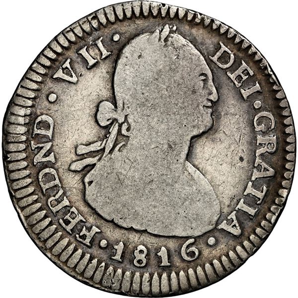 COLOMBIA, Bogotá, bust 1 real, Ferdinand VII (bust of Charles IV), 1816 FJ, NGC VG 8, ex-Becerra.