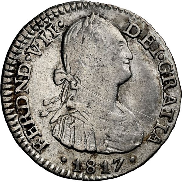 COLOMBIA, Bogotá, bust 1 real, Ferdinand VII (bust of Charles IV), 1817 FJ, NGC VF details / obv scr