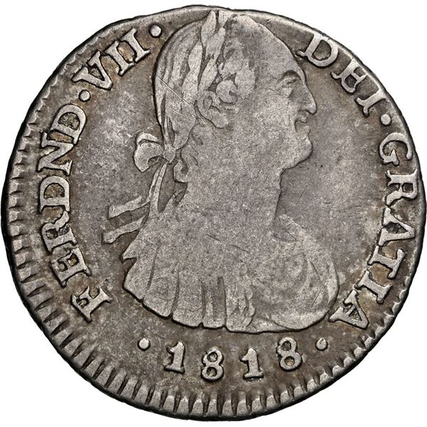 COLOMBIA, Bogotá, bust 1 real, Ferdinand VII (bust of Charles IV), 1818 FJ, NGC VF 25, ex-Becerra.