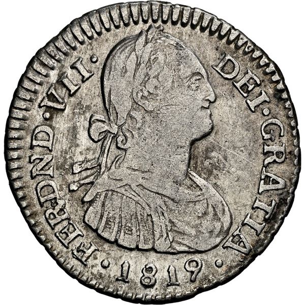 COLOMBIA, Bogotá, bust 1 real, Ferdinand VII (bust of Charles IV), 1819 FJ, NGC XF details / harshly