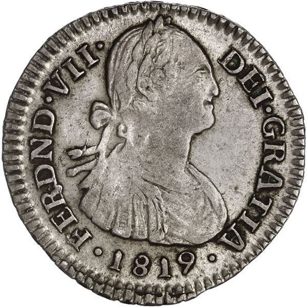 COLOMBIA, Bogotá, bust 1 real, Ferdinand VII (bust of Charles IV), 1819 FJ, inverted J in assayer, e