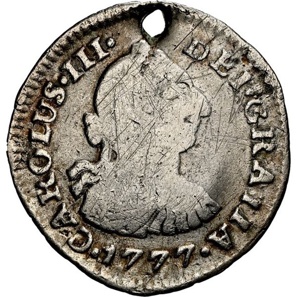 COLOMBIA, Bogotá, bust ½ real, Charles III, 1777 JJ, NGC VG details / holed, scratches, ex-Becerra.