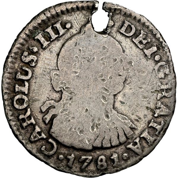 COLOMBIA, Bogotá, bust ½ real, Charles III, 1781 JJ, very rare, NGC G details / holed, ex-Becerra.