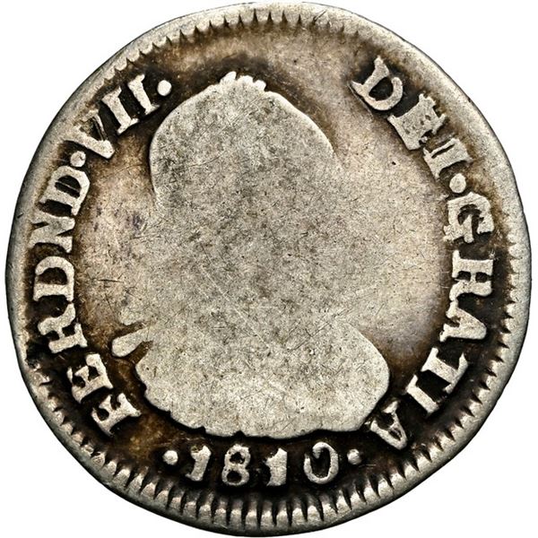 COLOMBIA, Bogotá, bust ½ real, Ferdinand VII (bust of Charles IV), 1810 JJ, NGC AG 3, ex-Becerra.
