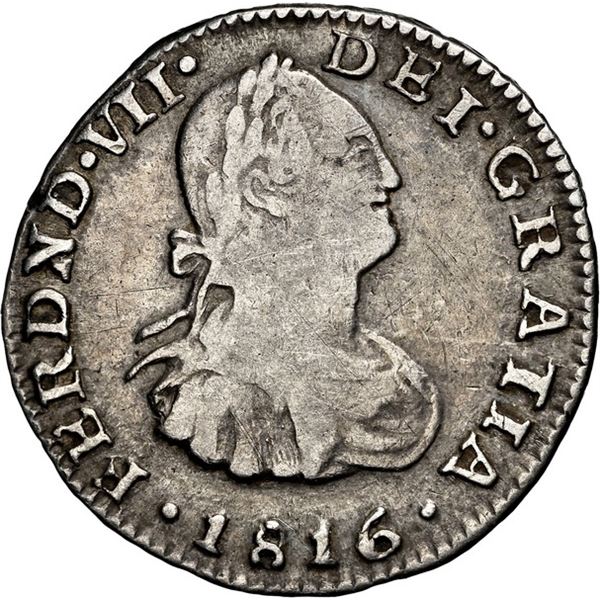 COLOMBIA, Bogotá, bust ½ real, Ferdinand VII (bust of Charles IV), 1816 FJ, NGC VF 25, ex-Becerra.