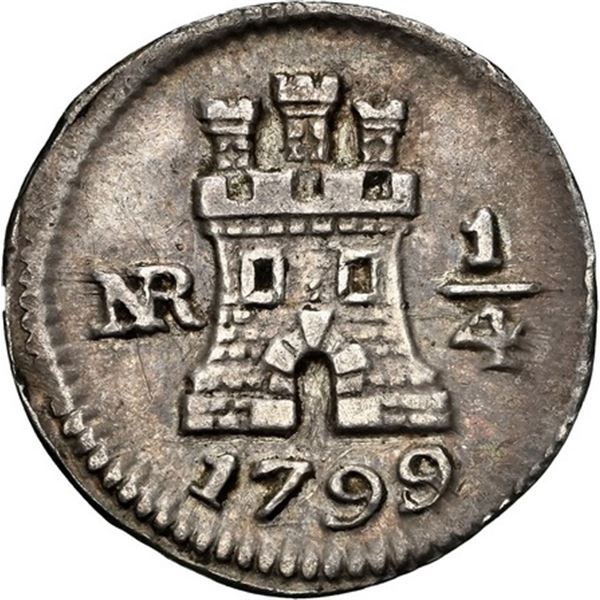 COLOMBIA, Bogotá, ¼ real, 1799/8, NGC XF details / tooled, ex-Becerra.