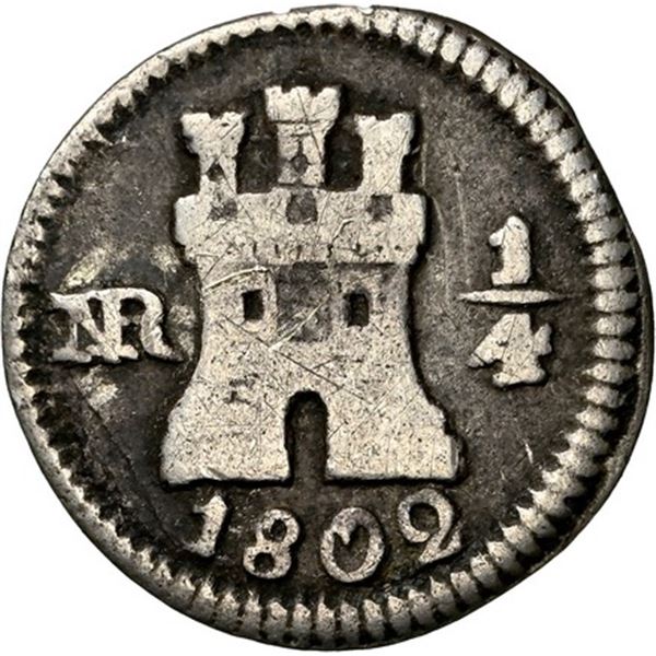 COLOMBIA, Bogotá, ¼ real, 1802, NGC VG details / rev scratched, ex-Becerra.