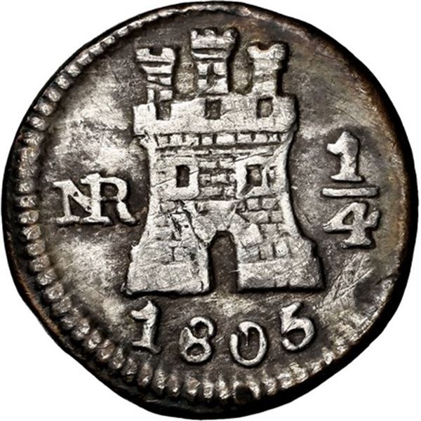 COLOMBIA, Bogotá, ¼ real, 1805, NGC VF details / tooled, ex-Becerra.