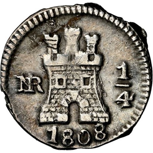 COLOMBIA, Bogotá, ¼ real, 1808, NGC AU details / cleaned, ex-Becerra.