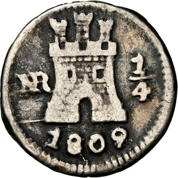 COLOMBIA, Bogotá, ¼ real, 1809/8, NGC F 12, finest and only example in NGC census, ex-Becerra.