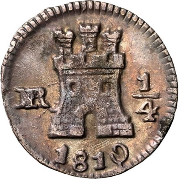 COLOMBIA, Bogotá, ¼ real, 1810/09, curved date, NGC XF details / environmental damage, ex-Becerra.