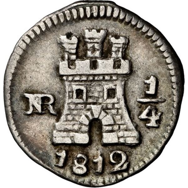 COLOMBIA, Bogotá, ¼ real, 1812, NGC VF 35, ex-Becerra.