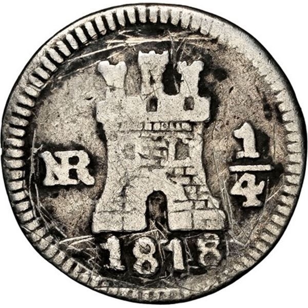 COLOMBIA, Bogotá, ¼ real, 1818, NGC VG details / tooled, ex-Becerra.