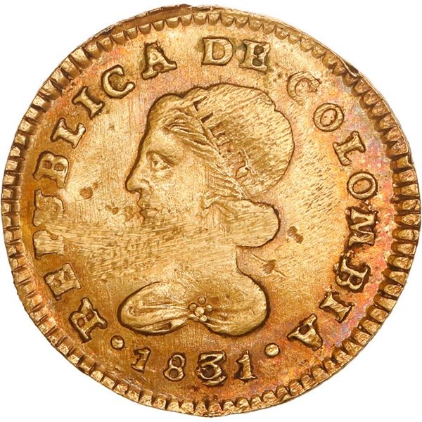 COLOMBIA, Popayán, gold 1 escudo, 1831 RU, repunched 3 in date, ex-JEAS.