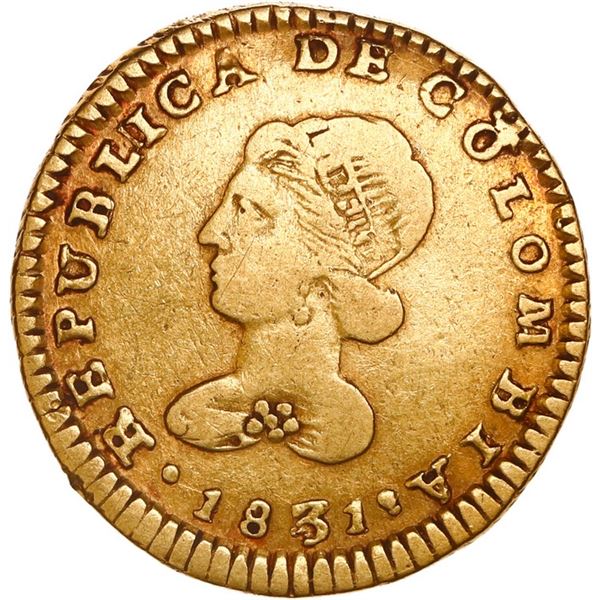COLOMBIA, Popayán, gold 1 escudo, 1831 RU, inverted E in denomination, ex-JEAS.