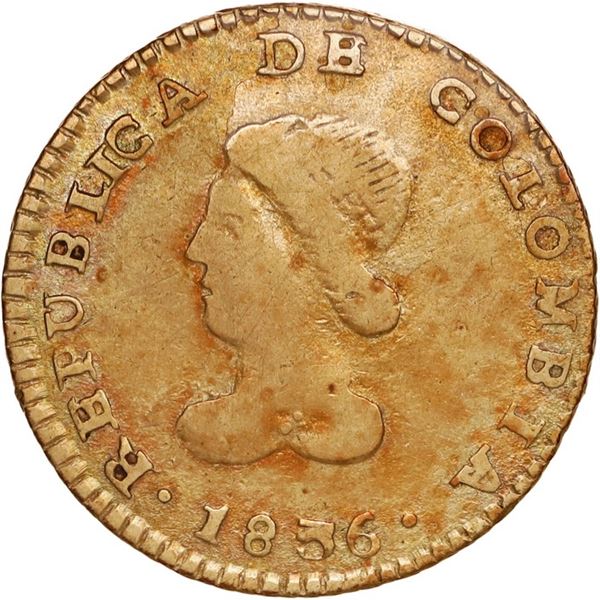 COLOMBIA, Popayán, gold 1 escudo, 1836 RU, medal alignment, ex-JEAS.