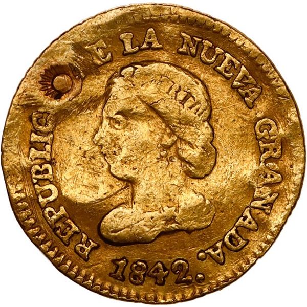 COLOMBIA, Bogotá, gold 1 peso, 1842 RS, three sunburst countermarks, ex-JEAS.