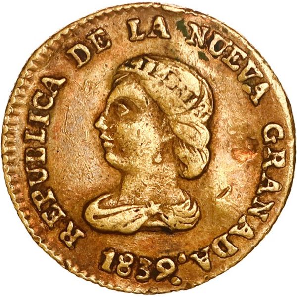 COLOMBIA, Bogotá, gold 1 peso, 1839 RS, rare, ex-JEAS.