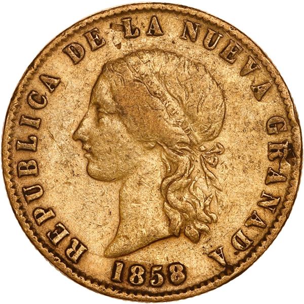 COLOMBIA, Bogotá, gold 10 pesos, 1858/7, ex-JEAS.