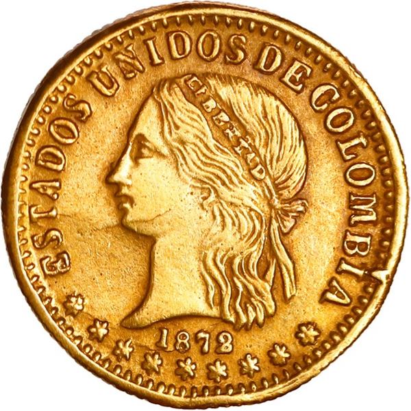 COLOMBIA, Medellín, gold 2 pesos, 1872, nice effigy, ex-JEAS.