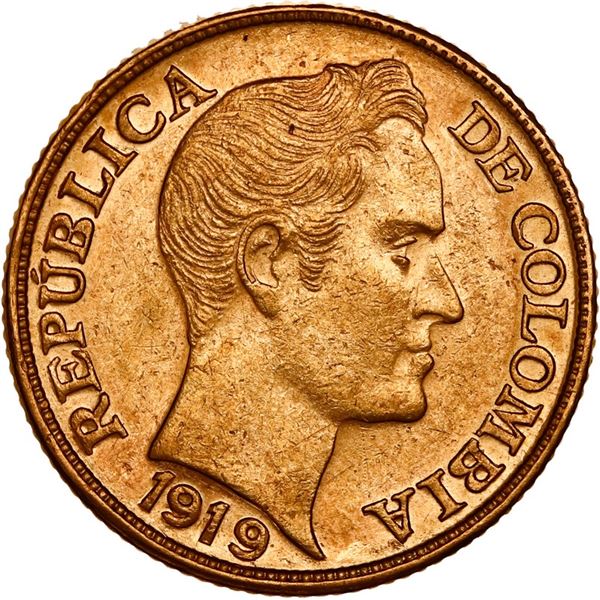 COLOMBIA, Bogotá, gold 5 pesos, 1919, mintmark B to right, ex-JEAS.