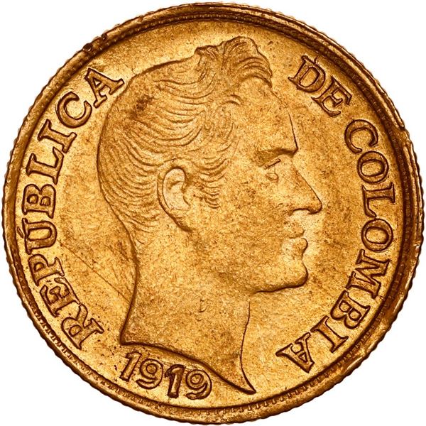 COLOMBIA, Medellín, gold 5 pesos, 1919, mintmark A to left, ex-JEAS.