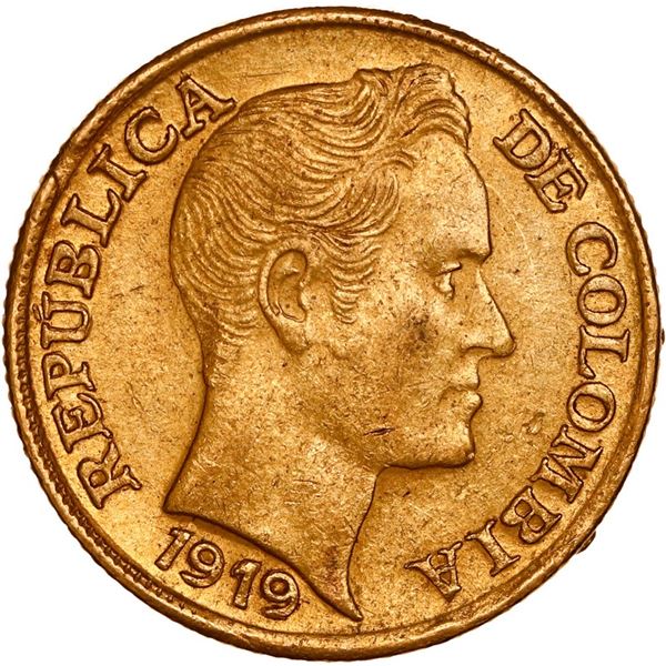 COLOMBIA, Medellín, gold 5 pesos, 1919, mintmark tiny A (centered), ex-JEAS.