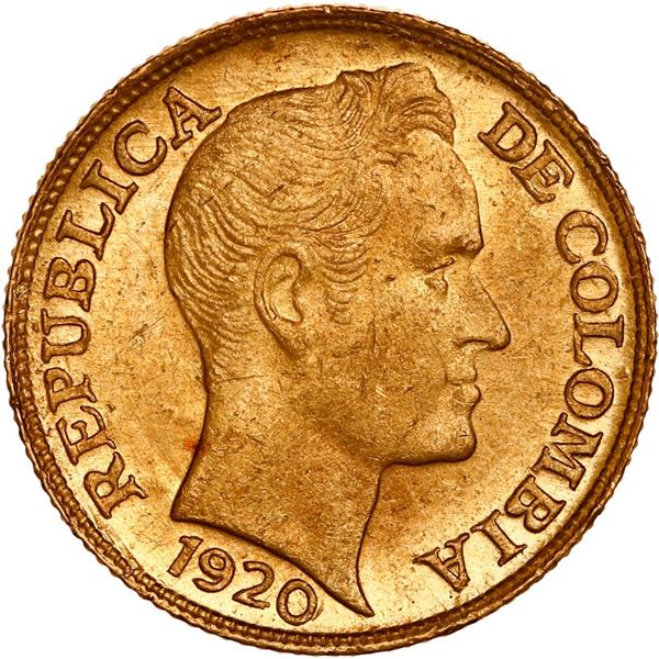 COLOMBIA, Medellín, gold 5 pesos, 1920, 20/20 in date, mintmark A to right, ex-JEAS.