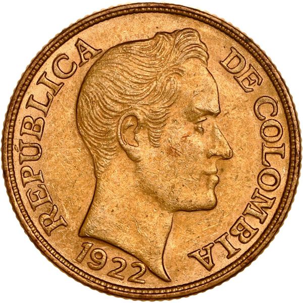 COLOMBIA, Bogotá, gold 5 pesos, 1922, mintmark high B on flag, ex-JEAS.