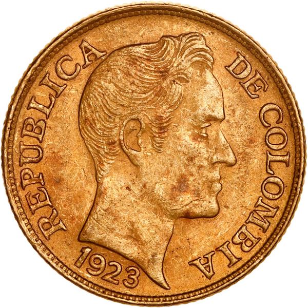 COLOMBIA, Bogotá, gold 5 pesos, 1923, mintmark B over retrograde B, ex-JEAS.