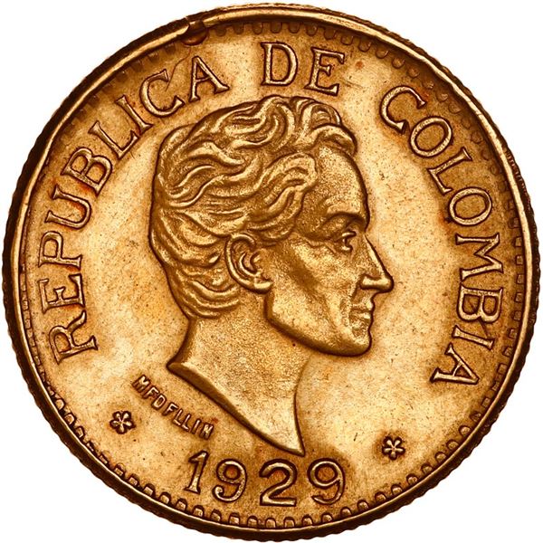 COLOMBIA, Medellín, gold 5 pesos, 1929, "MFDFLLIN" variety, ex-JEAS.