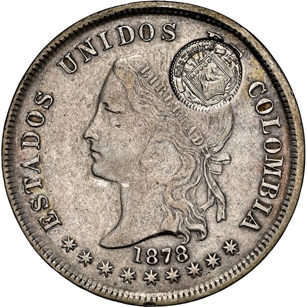 COSTA RICA, 50 centavos, "lion" double countermark (Type VII, 1889) on a Bogotá, Colombia, 50 centav