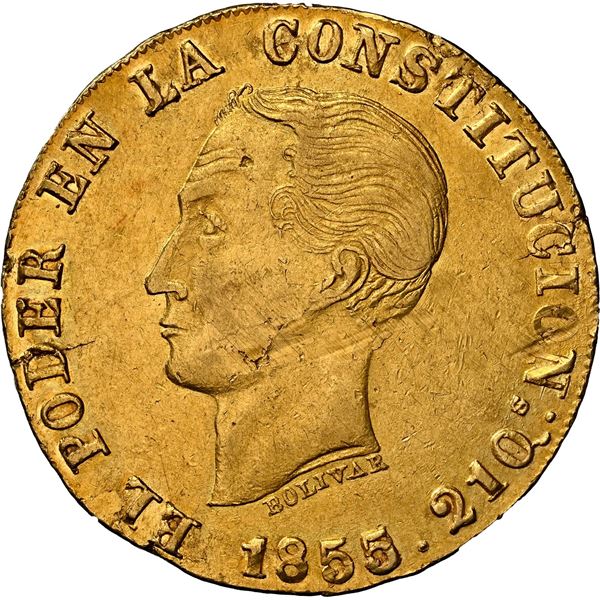 ECUADOR, Quito, gold 8 escudos, 1855/2 GJ, NGC AU details / obv damage.