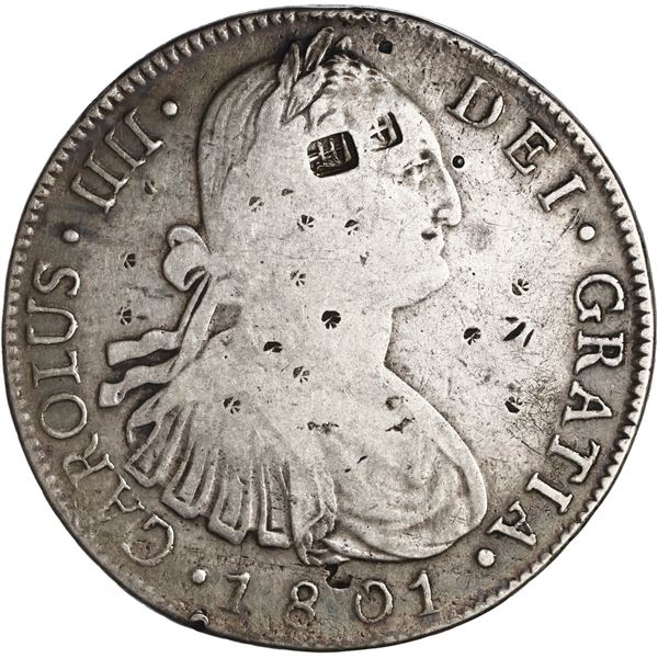 GUATEMALA, Guatemala City, bust 8 reales, Charles IV, 1801 M, with several small Asian chopmarks, ex