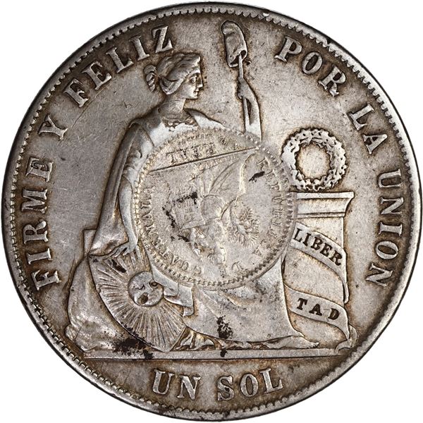 GUATEMALA, 1 peso, "½ real" counterstamp of 1894 on a Lima, Peru, 1 sol, 1873 LD.