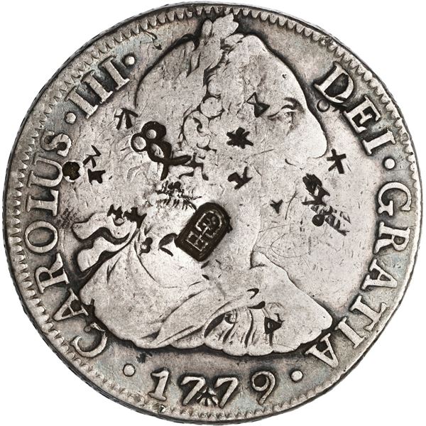 MEXICO, Mexico City, bust 8 reales, Charles III, 1779 FF, with several small Asian chopmarks, ex-Bra