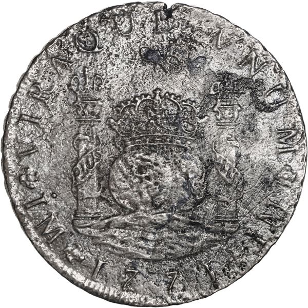 PERU, Lima, pillar 8 reales, Charles III, 1771 JM, HIAPSN error.