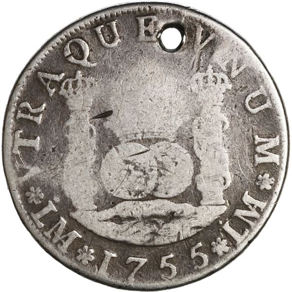 PERU, Lima, pillar 4 reales, Ferdinand VI, 1755 JD, both mintmarks dotted, very rare, ex-O'Brien.